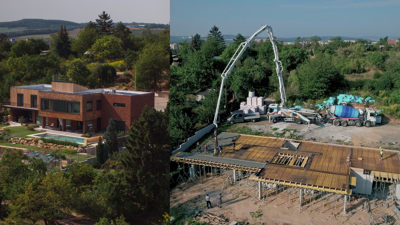 Finished house on a slope next to concrete pouring of the substructure with a concrete pump